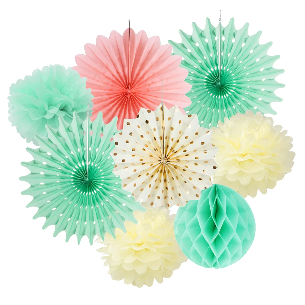 

8pcs/set (8'' 12'' 14'') Mint Green Party Paper Craft Paper Fans Hanging Tissue Paper Poms Flower For Wedding Baby Shower Decor
