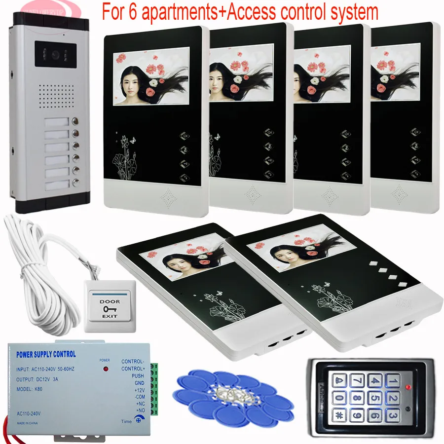 Security Video System 4.3'' TFT color LCD Home Video Door Phone 6 Apartments Door Bell Night vision Keypad Access Control System