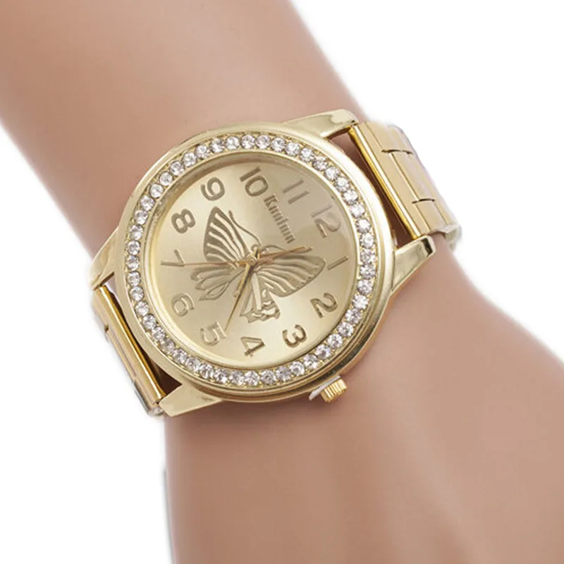 Женские часы Роскошные наручные кварцевые часы с алмазным циферблатом мужские часы с узором бабочки из нержавеющей стали часы-браслет Reloj Montre#180717 - Цвет: Золотой