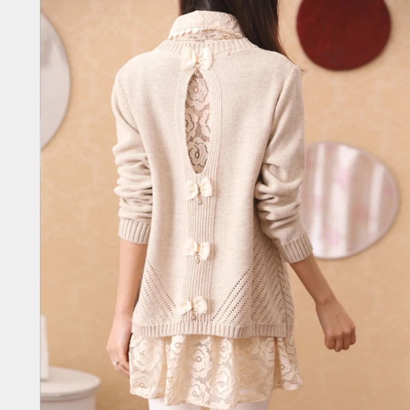 2018 Autumn/Winter New Long Loose Lace Pachwork Lapels Sweater Women Long Sleeves Knit M-3XL Female Jumper Bow Hollow Back