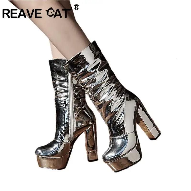 REAVE CAT/пикантные ботинки на очень высокой толстой платформе из металлической кожи Модная женская обувь короткие ботинки на молнии Botas Mujer A1243