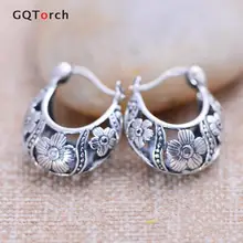 Vintage Real 925 Pendientes de Plata de ley Para las mujeres Diseño de la Flor Hueco En Forma de Cesta Brincos Joyería Fina