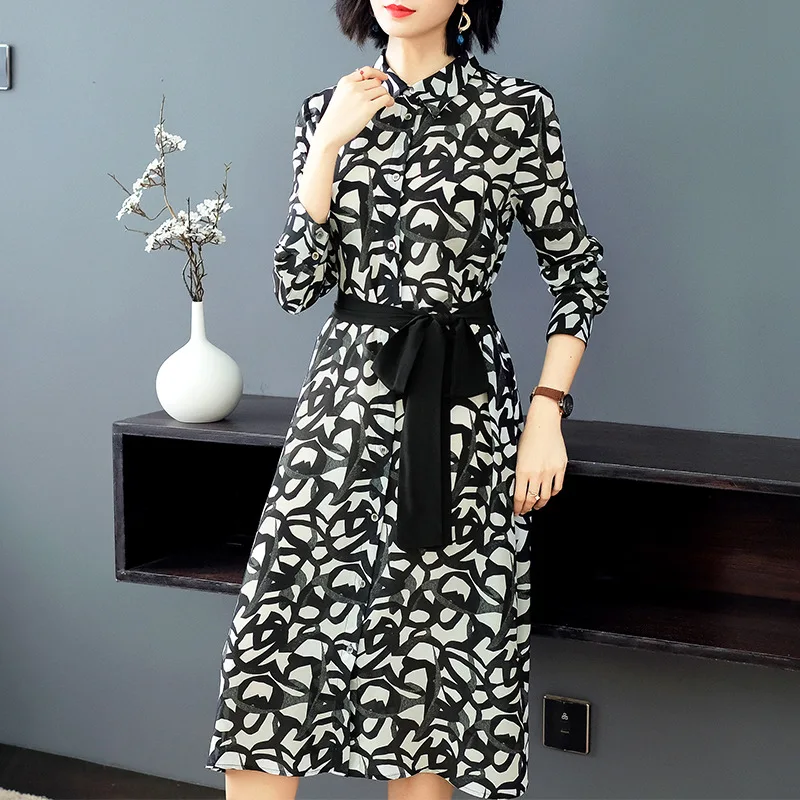 

2019 Spring New Printed Women's Real Silk 100% Dress Elegant Stand Collar Long Sleeve High End Luxury Mid Dress P7962