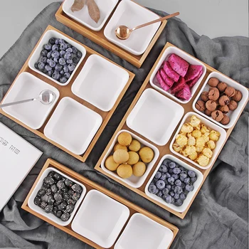 

Japanese Rectangle Ceramic Bamboo Dry Fruit Dessert Box Dish Multi Grid Plate Quality Candy Dried Snack Foods Dessert Tea Tray