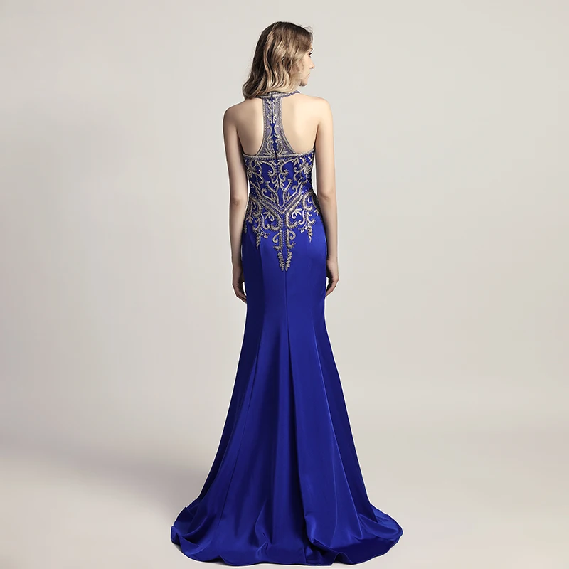 Элегантные женские официальные темно-синие длинные вечерние платья русалки с аппликацией из бисера, атласные вечерние платья на выпускной OL440