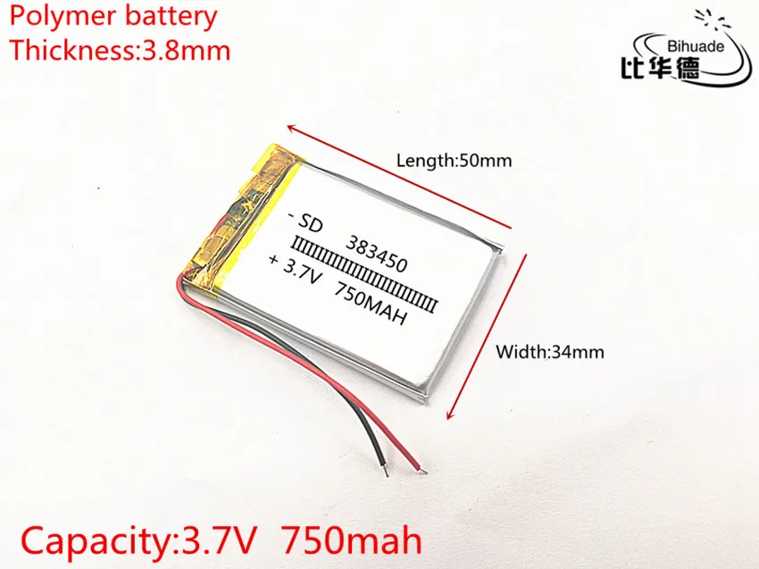 10 шт./лот 3,7 V, 750 mAH, 383450 PLIB; полимерная литий-ионная/литий-ионный аккумулятор для gps, mp3, mp4, mp5, dvd