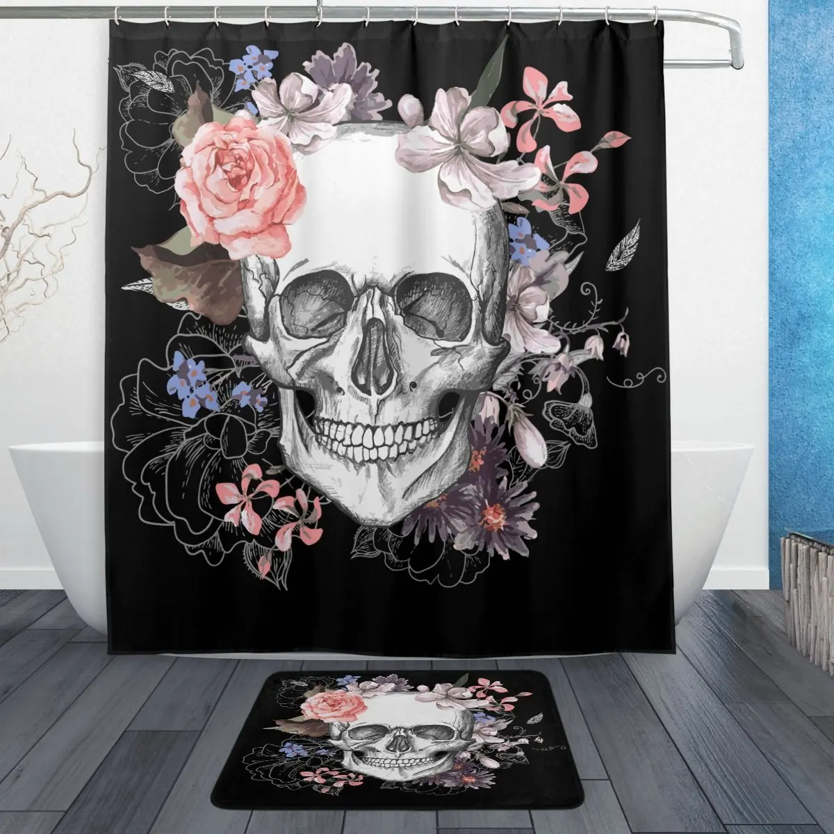 

Day of the Dead Flower Sugar Skull Waterproof Polyester Fabric Shower Curtain with Hooks Doormat Bath Floor Mat Bathroom Black