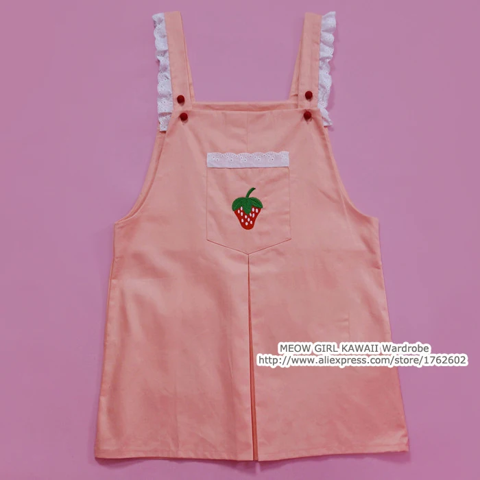 

Super Cute Girl's Strawberry Embroidery Orange Pink Jumper Dress Lace Trim Suspender Sleeveless Dress Lolita