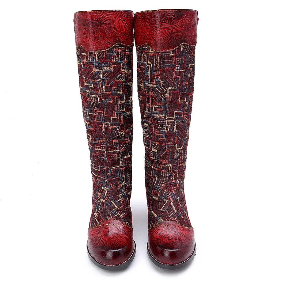 Handmade Genuine Leather Knee High Boots Women Shoes Vintage Patchwork Lady Embroider Shoes Zipper Heels Spring Autumn Boots New (14)