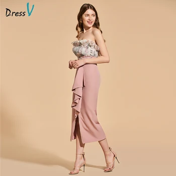 Dressv print cocktail dress elegant strapless tea length zipper up sheath split-front wedding party formal dress cocktail dress mini asymmetrical zipper sheath dress