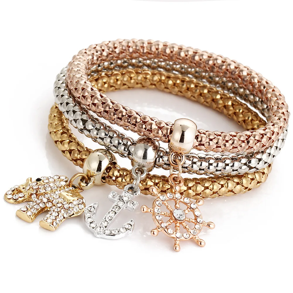 

3 Pcs/Set Fashion Crystal Charm Bracelets & Bangles Gold/Silver Plated Elephant Anchor Pendants Rhinestone Bracelets For Women