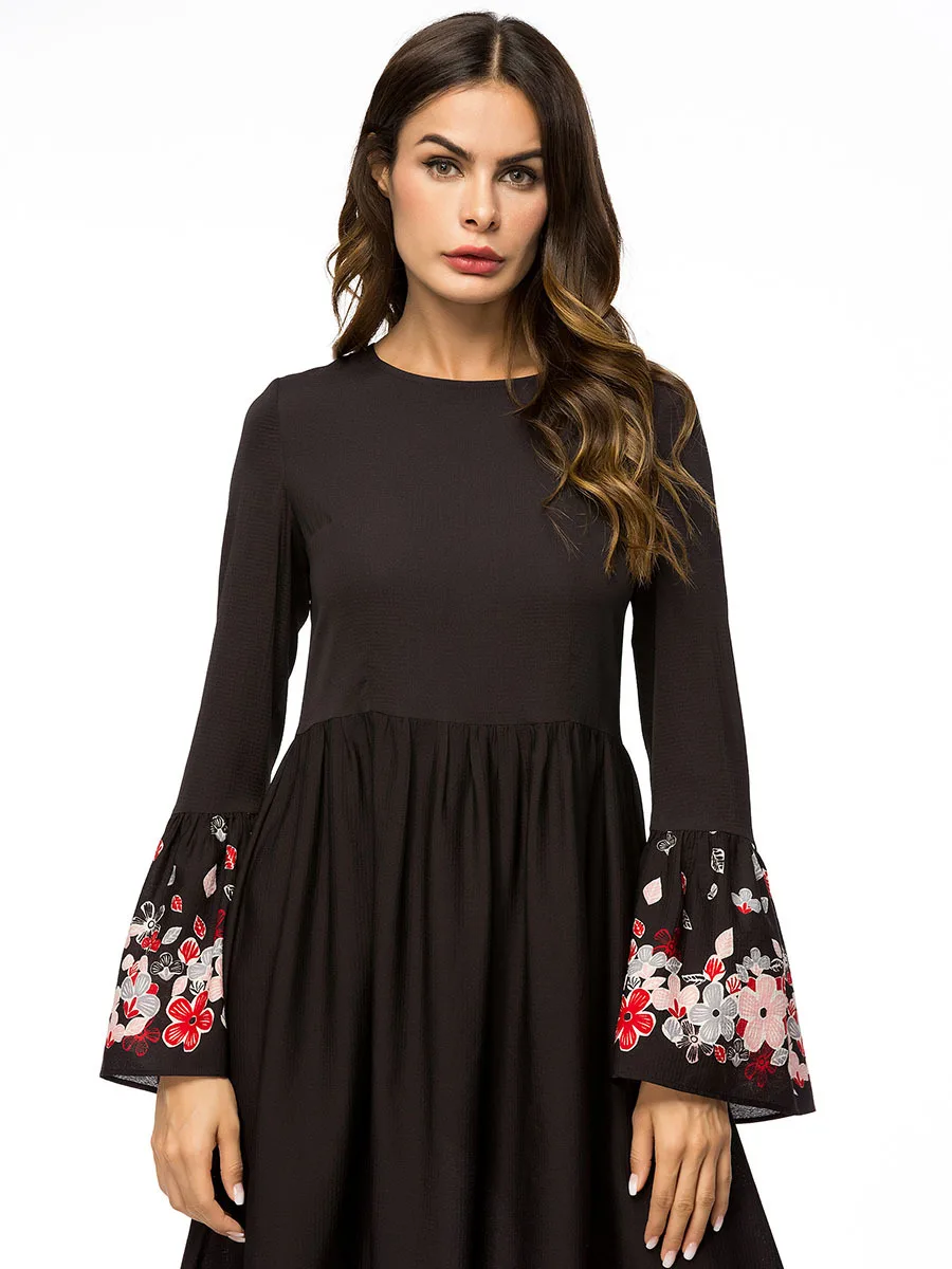 Vestidos Kimono Middle East Ramadan Islamic Clothing Elegant Print Floral Abaya Muslim Maxi Dress Flare Sleeve Robe Gowns Tunic