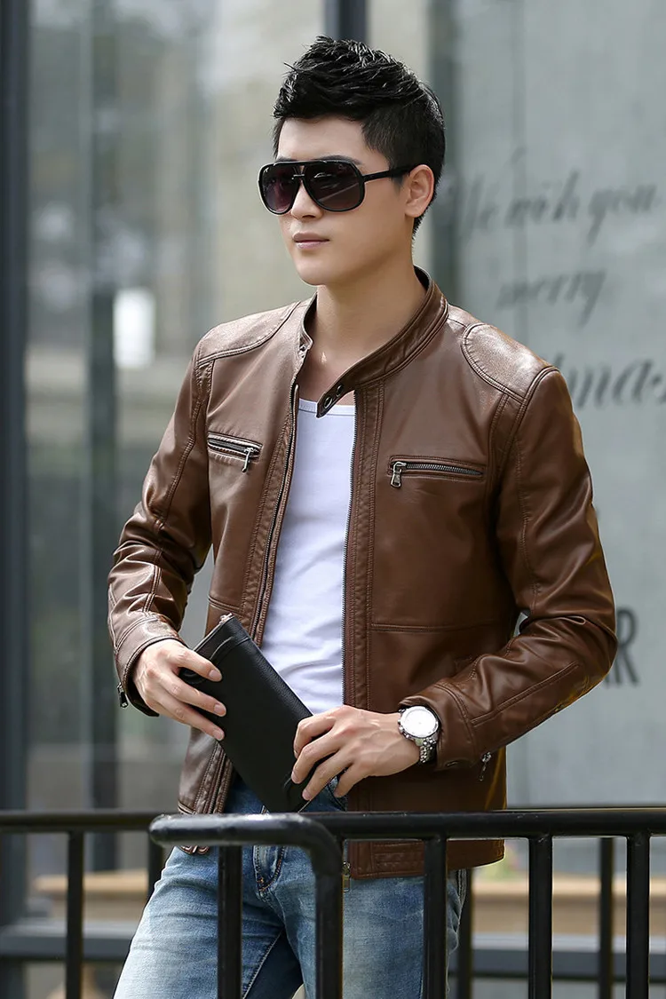 UplzCoo 5XL Men's Leather Jackets Men Stand Collar Coats Male Motorcycle Leather Jacket Casual Slim Brand Clothing Jaket FM003  (5)