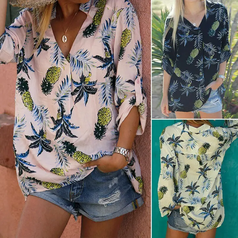 Harajuku Summer New Sexy Hawaiian Beach Vacation Pineapple Printed Shirts Woman Wild Long-sleeved V Cut Collar Fruit Blouses