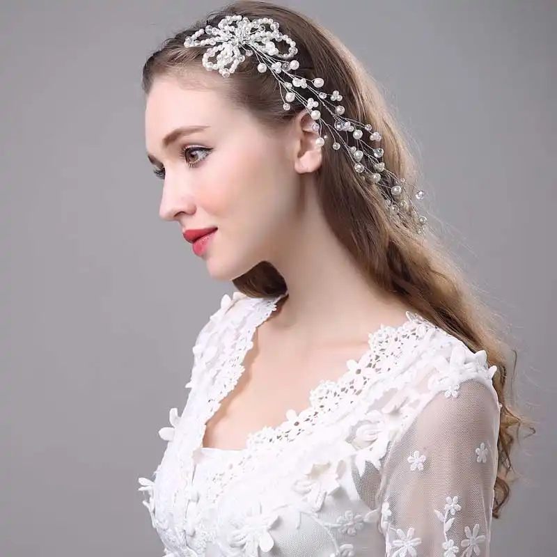 Forseven Handmade Pearl Beaded Flowers Headbands Bridal Tiara