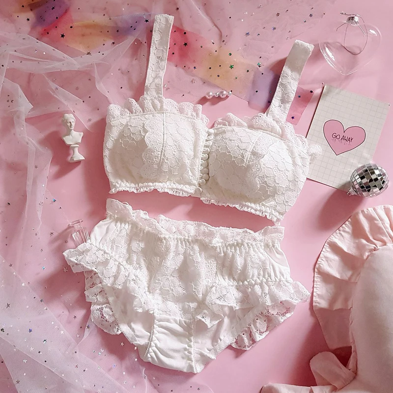

lingerie lolita lace fairy white buttons no rims wipes bosom lingerie set ropa interior women lingerie lencería soutien gorge