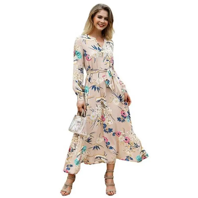 TYJTJY Floral Summer Maxi Dress Long Sleeve Boho Vintage White Green Beach Tropical Autumn 2019 Dresses for Women | Женская одежда