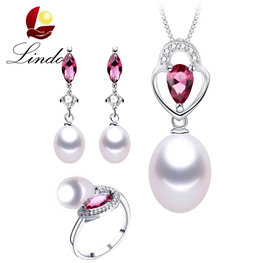 

Fashion Elegant Top Quality Real Natural Freshwater Pearl Women Jewelry Sets AAA Red Crystal 925 Sterling Silver Wedding 3 pcs
