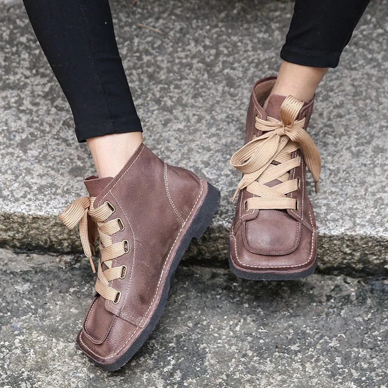 

Artdiya Retro 2019 Spring New Ankle Boots Genuine Leather Women Boots Cowhide Square Toe Lace-up Handmade Shoes H88-506