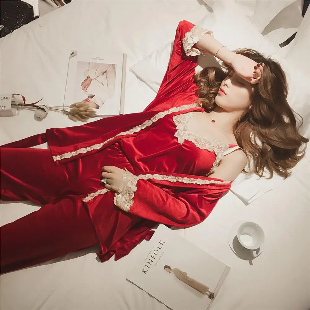 3 шт., Женская атласная пижама, Пижама, Сексуальная кружевная Пижама, домашняя одежда для сна, для отдыха, пижама на бретелях, ночное белье, длинный халат, Пижамный костюм - Цвет: Красный
