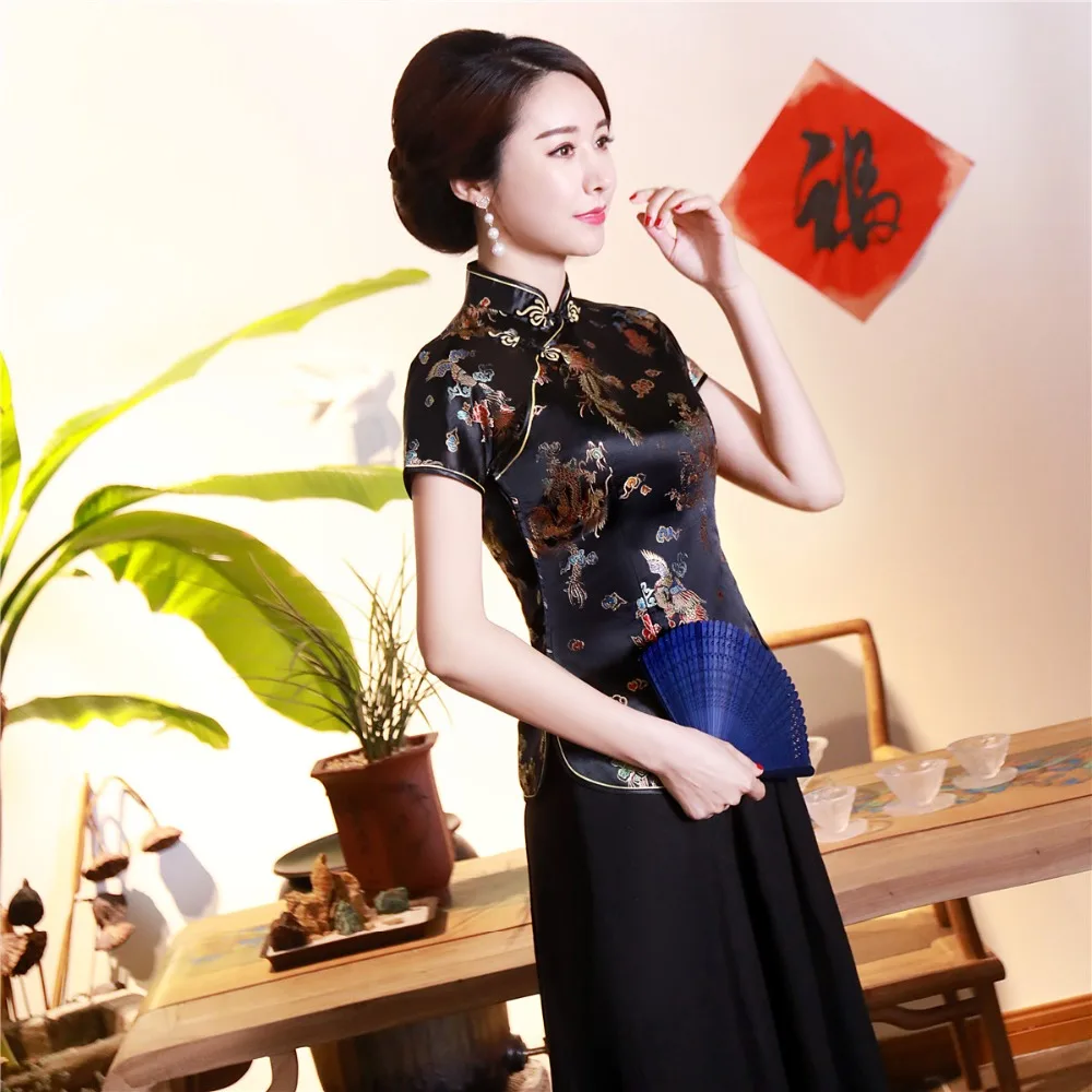 Шанхай история короткие Cheongsam Топ Традиционный китайский искусственный шелк/Атласный топ Дракон и Феникс Вышивка Блузка Топ Qipao рубашка