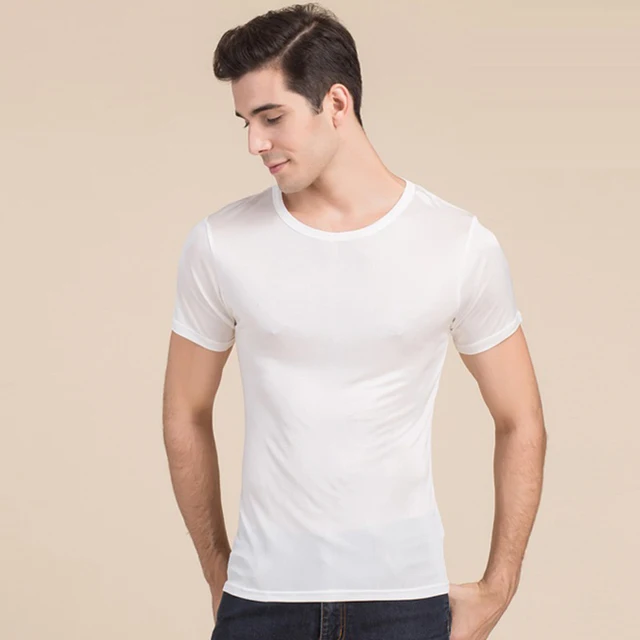 100% Pure Silk Men's Undershirts Male Short Sleeve Shirts Men Casual ...