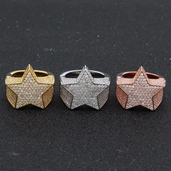 

Hip Hop AAA Zircon Paved Ice Out Bling Star Rings Rose Gold Pentagram Ring Men Women Jewelry Gift Drop Shipping Size 7-12