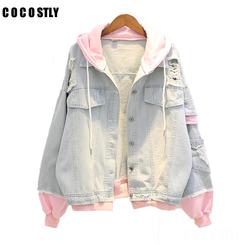 

Autumn Hooded Denim Jacket Women Casual BF Jeans Jacket Holes Vintage Harajuku Coat Female loose Streetwear manteau femme hiver