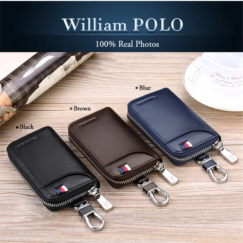 

Williampolo Brand Cowhide Genuine Leather Male Purses for Men Women Car Key Holder Wallet Keys Organizer Zipper Bag PL227