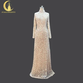 

JIALINZEYI Luxurious Elie Saab Long Sleeves High Neck With Full Beads Sequins Champagne Formal Dresses Party Evening Dresses