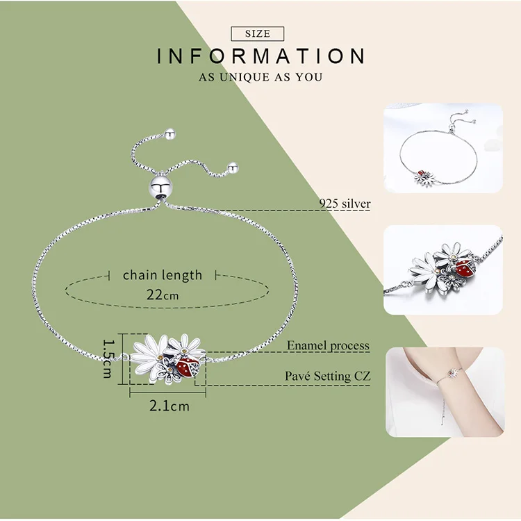 BAMOER, 925 пробы, серебряный, божья коровка, приключения, цветок маргаритки, женские браслеты, браслеты для женщин, подлинное серебряное ювелирное изделие SCB101