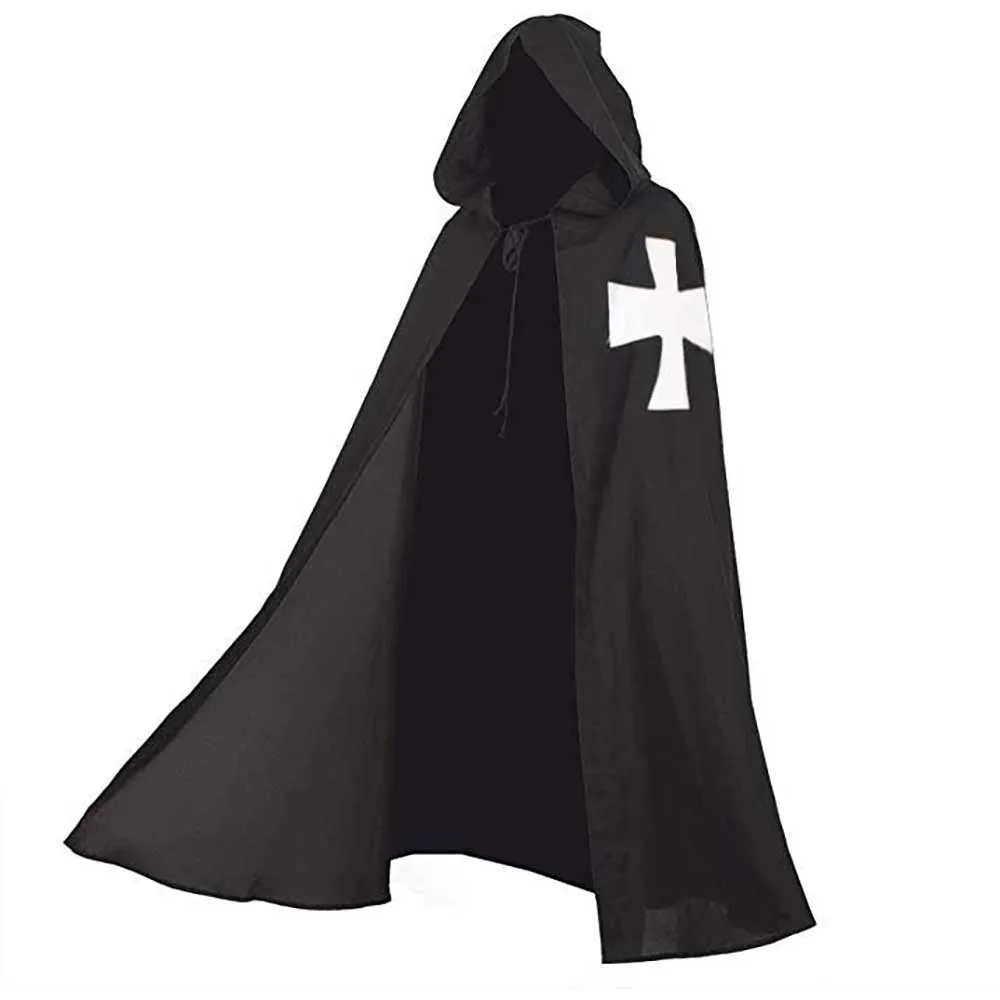 

Adult Medieval Knight Templar Cape The Maltese Cross Hooded Robe Cloak Paladin Roleplay Fancy Dress Halloween Costume for Men