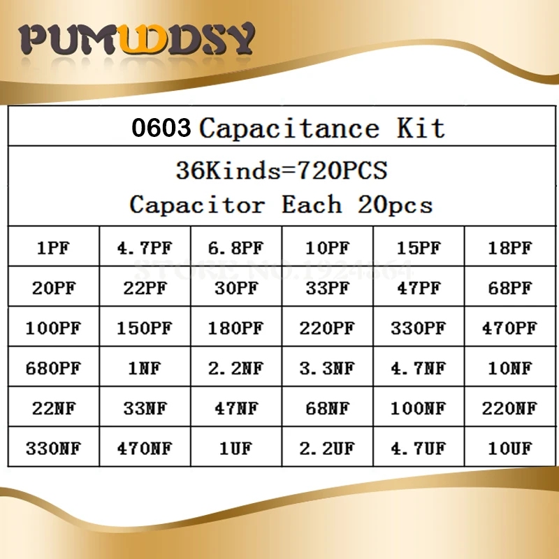 36 значений* 20 шт = 7 20 шт 0603 SMD конденсатор Ассорти Комплект 1pF-10uF компонент diy Образцы комплект и