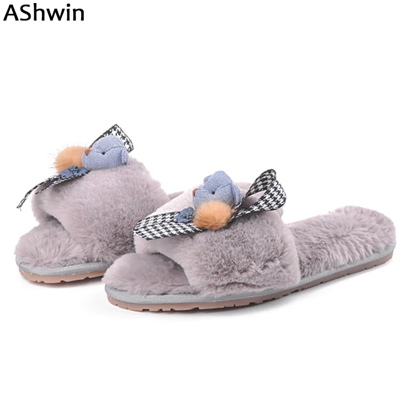 

AShwin lovely plush fur slippers winter fall warm shoes slides sandals home indoor slipper faux furry slipper for bath snowshoes