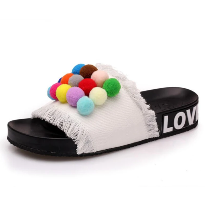 PomPom Sandal Лето г. шлепанцы женские босоножки с кисточками; обувь с маленькими пушистыми помпончиками для флип-флоп в ковбойском стиле обувь на платформе z120