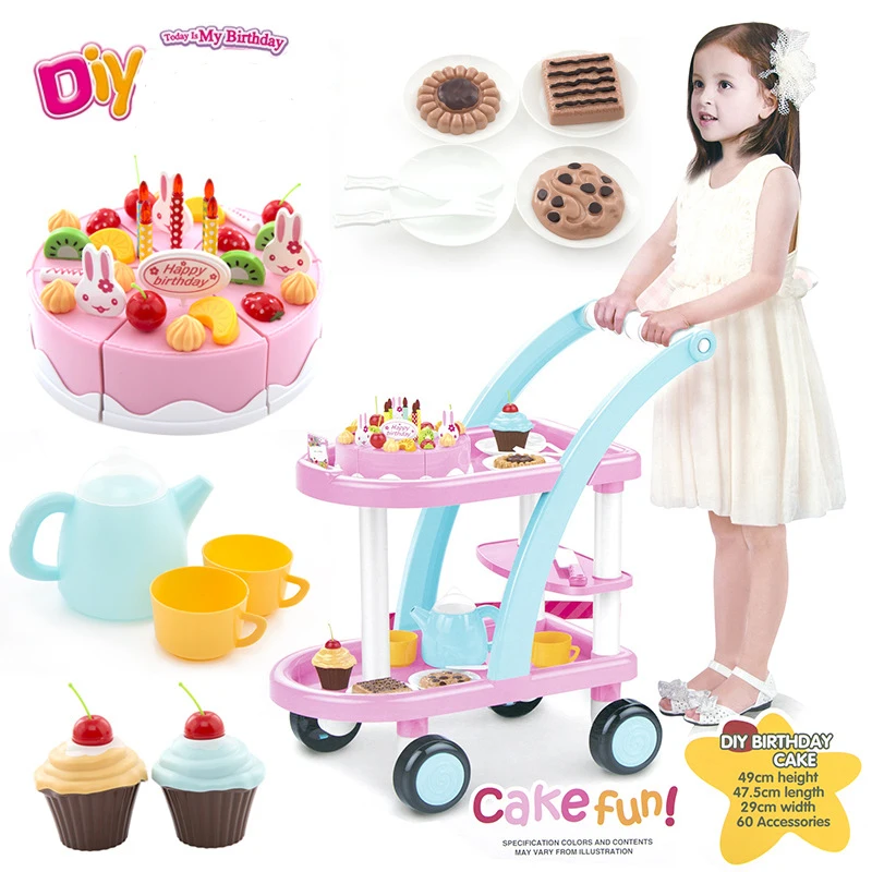 60pcs Kids Kitchen Toys Birthday Cake Carts Toys Pretend Play Plastic Food Toys Kitchen Cake