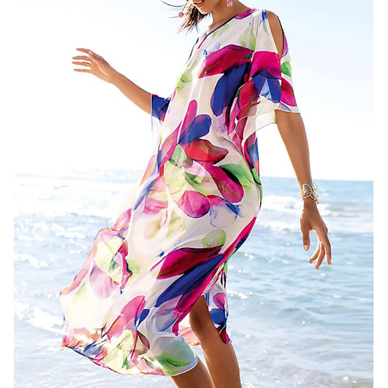 

2019 Chiffon Beach Dress Print Bikini Cover up Pareo de Plage Beach cover up Swimwear Women Plus size Kaftan Beach dress Tunic
