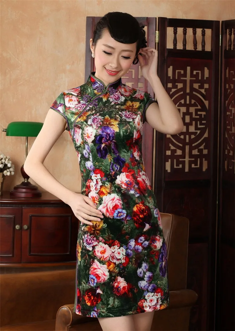 Шанхай история Одежда высшего качества платье Чонсам велюр платье ручной работы окрашенные чонг-sam короткий рукав вечернее платье TD0012
