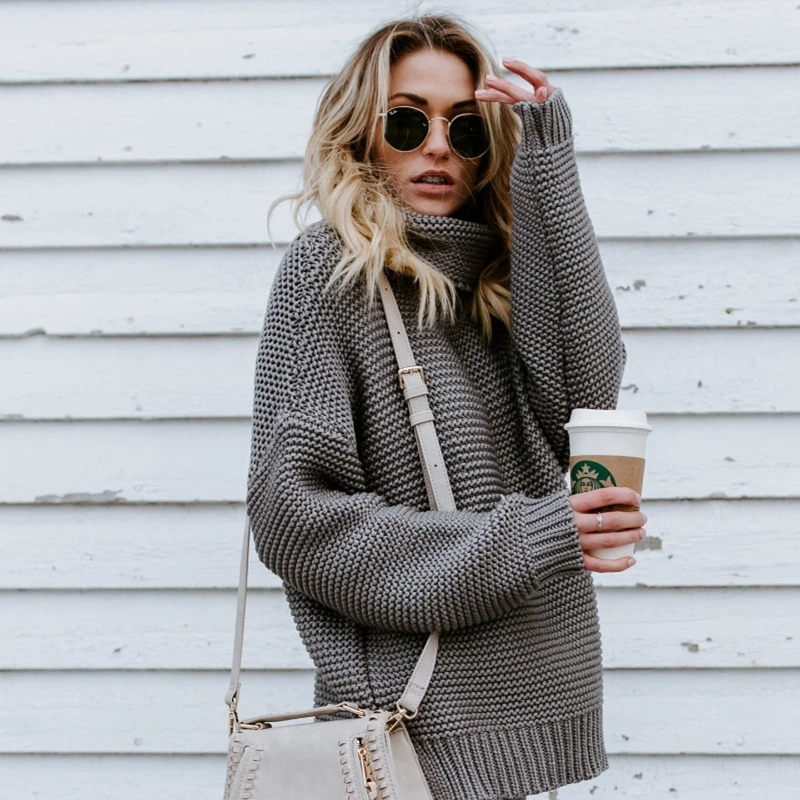 turtleneck winter knitted sweater Women lantern sleeve loose green pullover female Oversize Soft warm autumn casual gray jumper Sweaters