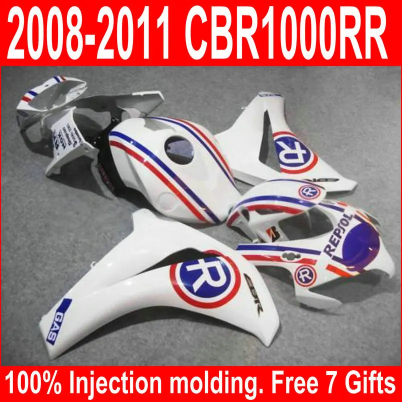 100% комплект обтекателей для литья под давлением Honda CBR1000RR 08 09 10 11 белый синий 2008-2011