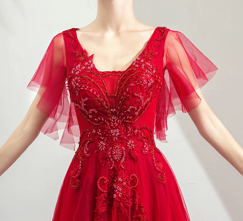 SSYFashion Новое банкетное роскошное красное вечернее платье с v-образным вырезом с коротким шлейфом кружевная Вышивка Бисероплетение Длинные