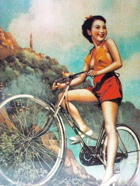 

Youthful beautiful girl mountain bike Chinese Charm Retro Decorative Wall Canvas Painting Stickers Posters Bar Home Decor Gift