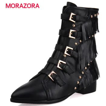 

MORAZORA big size autumn winter square heel fringe women boots fashion genuine leather boots pointed toe low heel zipper boots