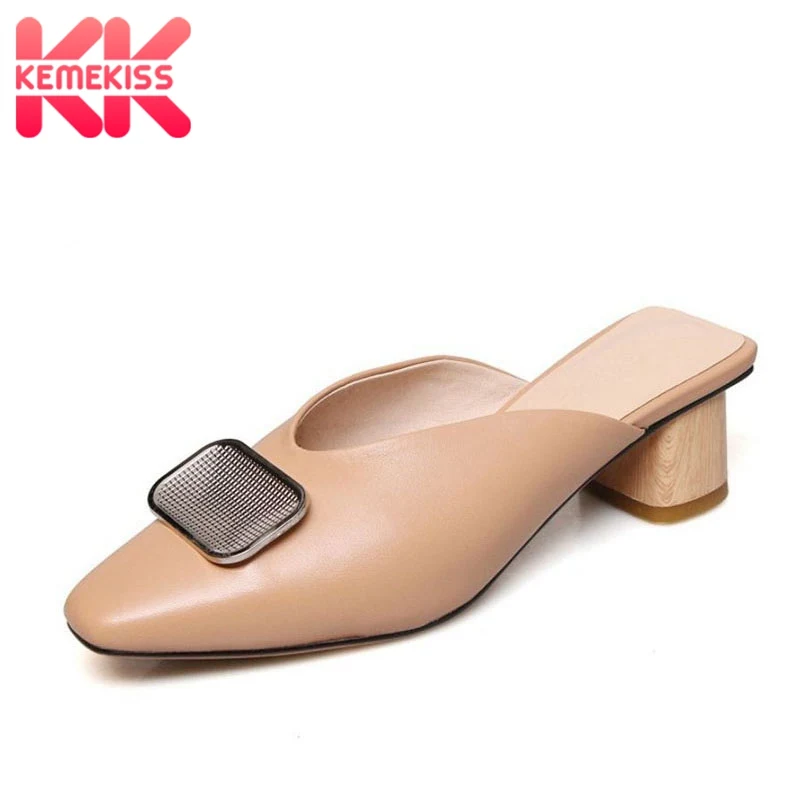 

KemeKiss Women Sandals Real Leather Vintage Square Toe Casual High Heels Slippers Office Party Summer Shoes Women Size 33-43