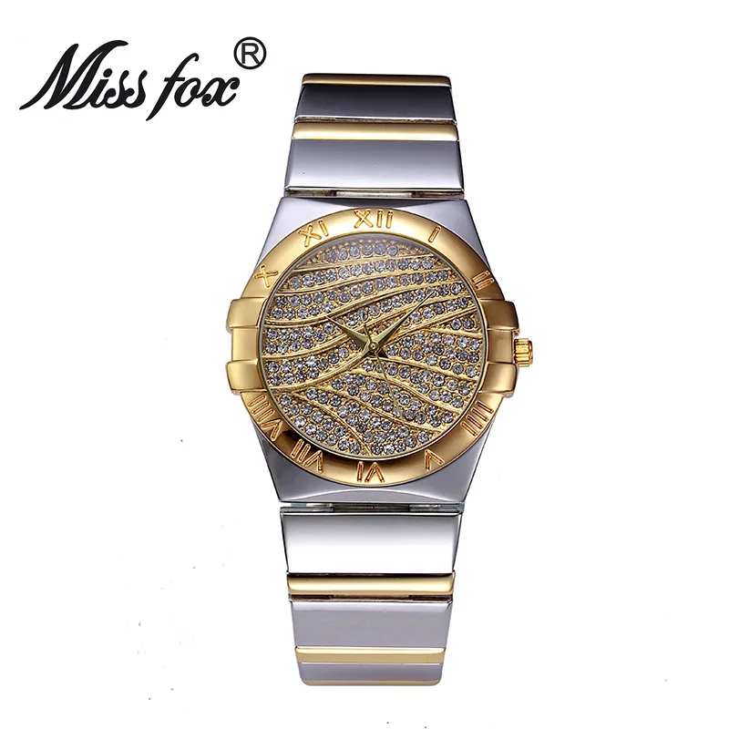 Miss Fox брендовые модные римские цифры золотые часы для женщин известный бренд алмазные часы лицо для женщин часы горный хрусталь кварцевые часы
