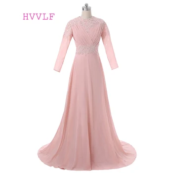 

Peach 2019 Muslim Evening Dresses A-line Long Sleeves Chiffon Lace Islamic Dubai Abaya Kaftan Long Evening Gown Prom Dress