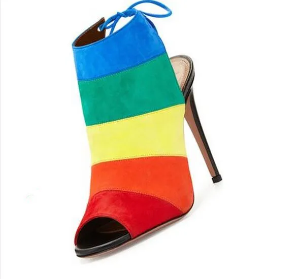 New arrival women rainbow color sandals bind belt peep toe women sexy thin high heels sandals mix colors back stap female pump