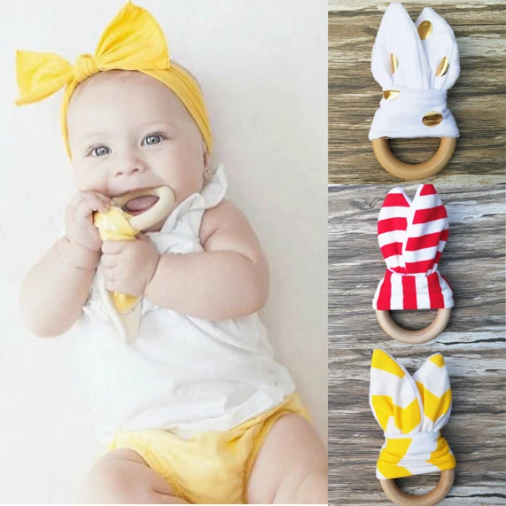 Baby teether wooden teething ring Fabric Teething training with Crinkle