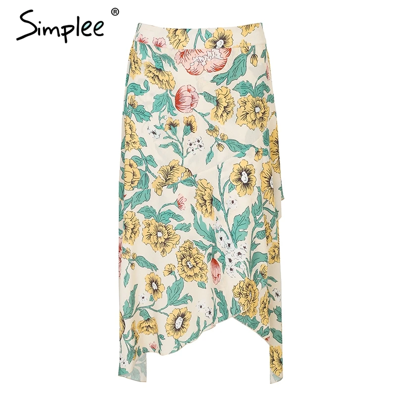 Женская богемная юбка Simplee с рюшами, летняя юбка-миди с завышенной талией и беспорядочным принтом, повседневная пляжная юбка с цветочным принтом - Цвет: Print