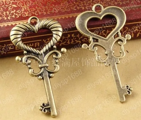 

50pcs/lot Zinc alloy bead Antique Bronze Plated Heart Key Shape Charms Pendants Fit Jewelry DIY 20*40MM JYA3397